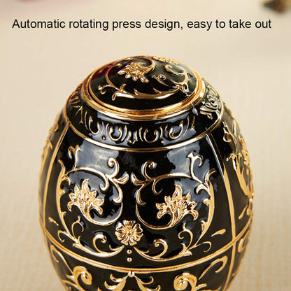 Pssopp Retractable Toothpick Holder, European Vintage Egg Shaped Toothpick Dispenser with Fully Sealed Design and Elegant Flower Carvings, Tin Alloy Storage Container for Home (Golden Black Glue)