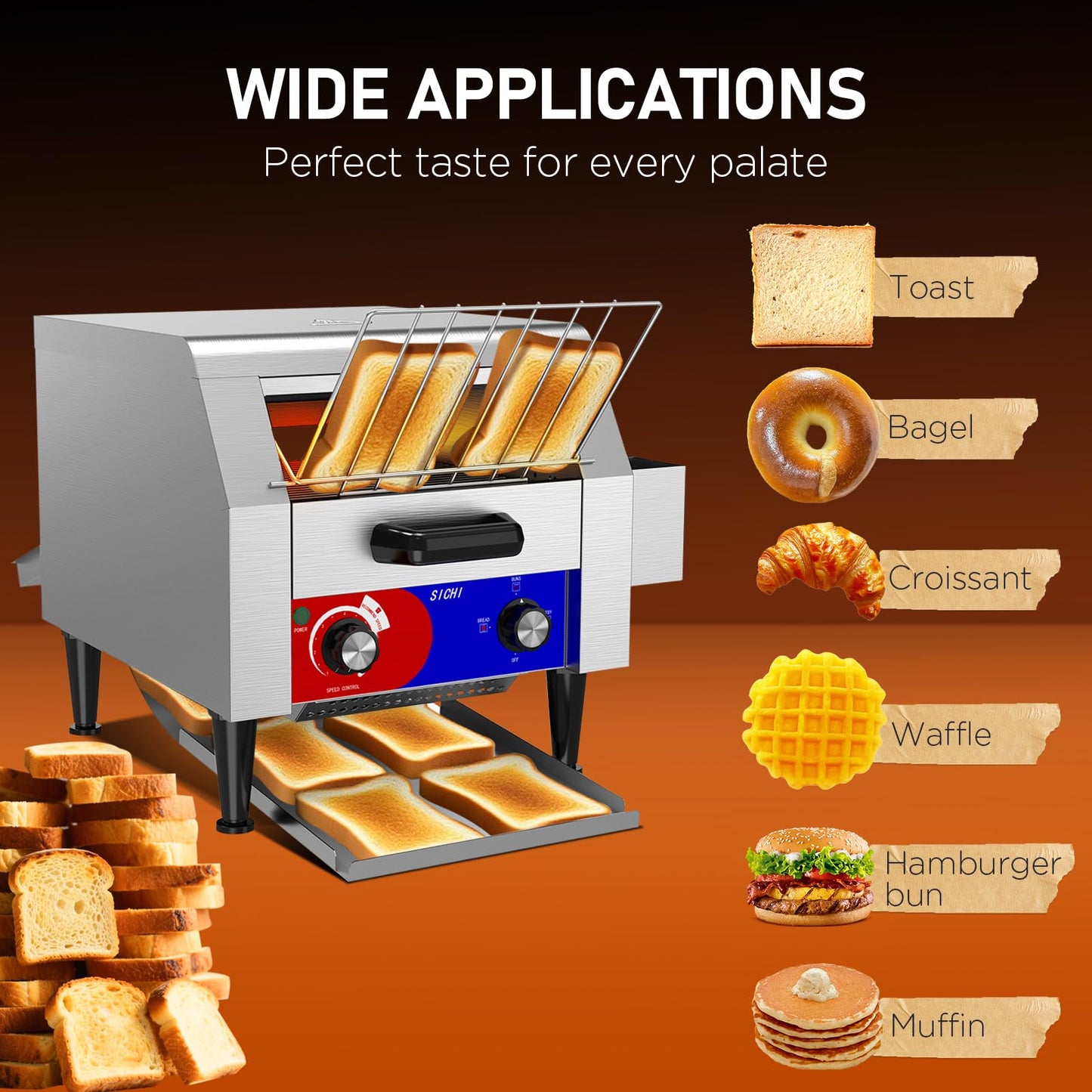 HTTSICHI Commercial Conveyor Toaster w/ 2 Slice Wide Slot, 300 Slice/hour Commercial Toaster w/ 10.1’’ Wide and 3‘’ Opening, Industrial Kitchen Cooking bagel w/Stainless Steel and Heavy Duty