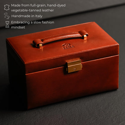 Time Resistance Jewelry Box - Full Grain Leather Jewellery Organizer - Accessories Storage - Key Lock Box for Women (Cognac Brown)