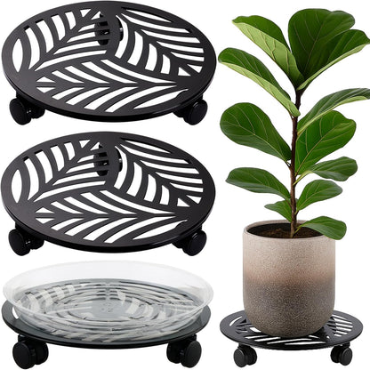 2 Packs 12" Large Metal Plant Caddy with PU Wheels Heavy-Duty Wrought Iron Rolling Plant Stands Indoor Outdoor Wheeled