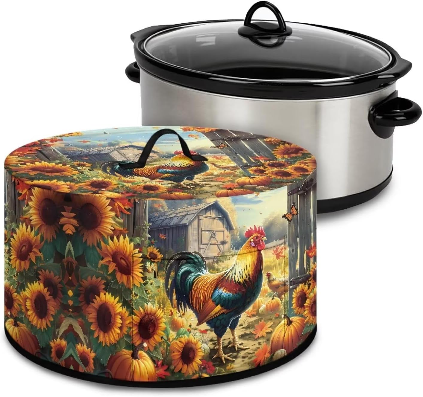 Slow Cooker Dust Cover with Oval Rooster Sunflowers Print, Fits 6-8 Quart Slow Cooker, Pocket Included