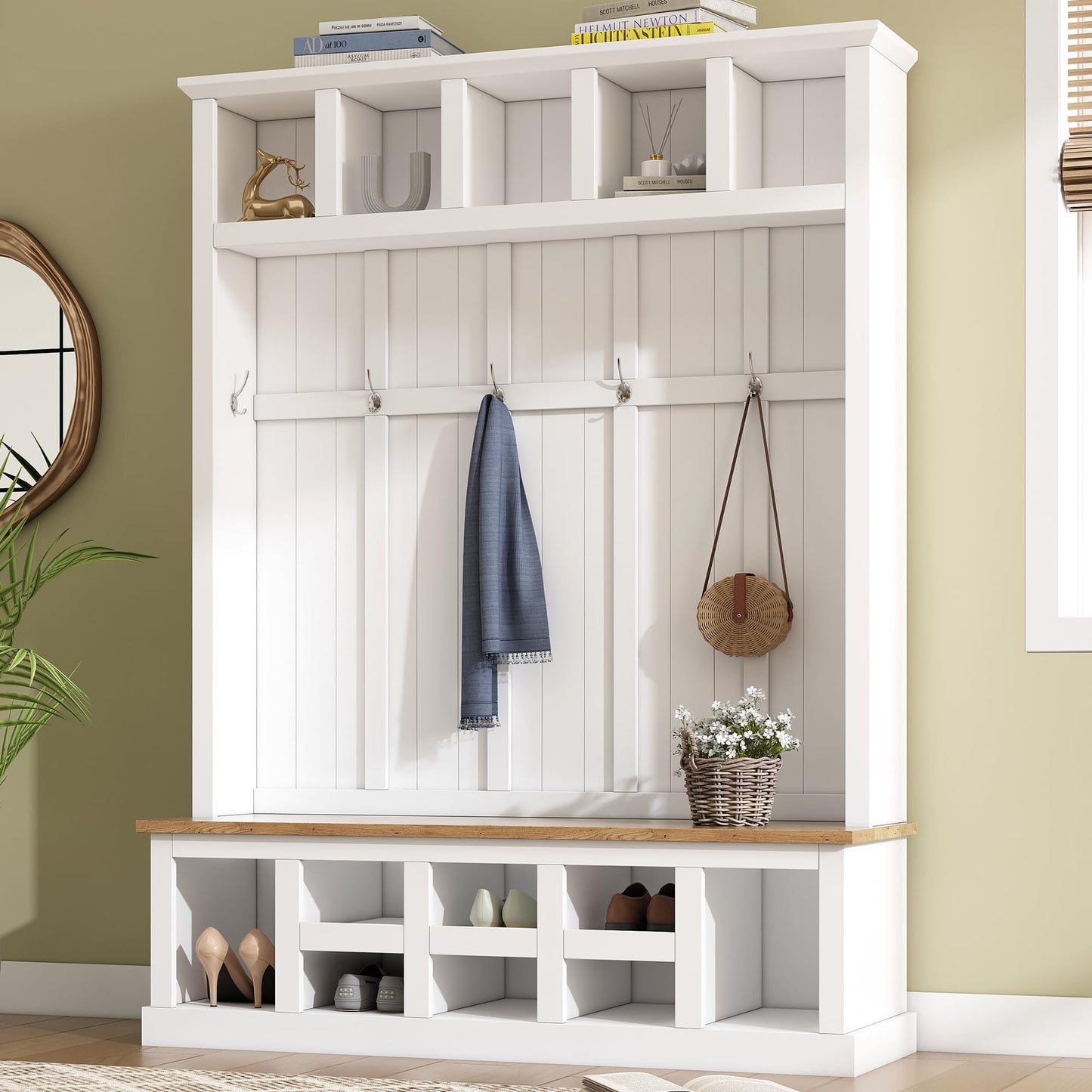 Farmhouse Wood Hall Tree with Bench and Shoe Storage, 5-in-1 Coat Rack with 6 Hooks for Entrance, Hallway White