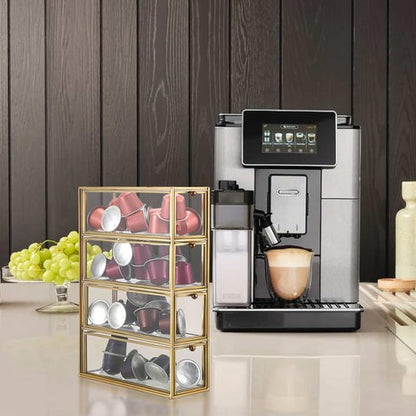 ELLDOO Coffee Pod Holder with 4 Drawers, Gold Glass Coffee Pod Organizer for K Cup Espresso, Clear Coffee Capsule Storage Holder for Coffee Bar Office Home Coffee Station Counter