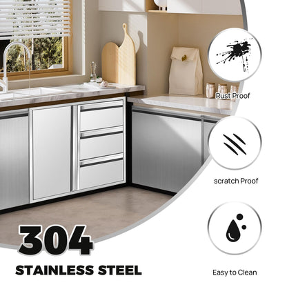 POPMOON 304 Stainless Steel Outdoor Kitchen Drawer Combo-28''W x 22''H x 19.5''D, Triple Storage Drawers & Access Door, Brushed Finish for BBQ Island