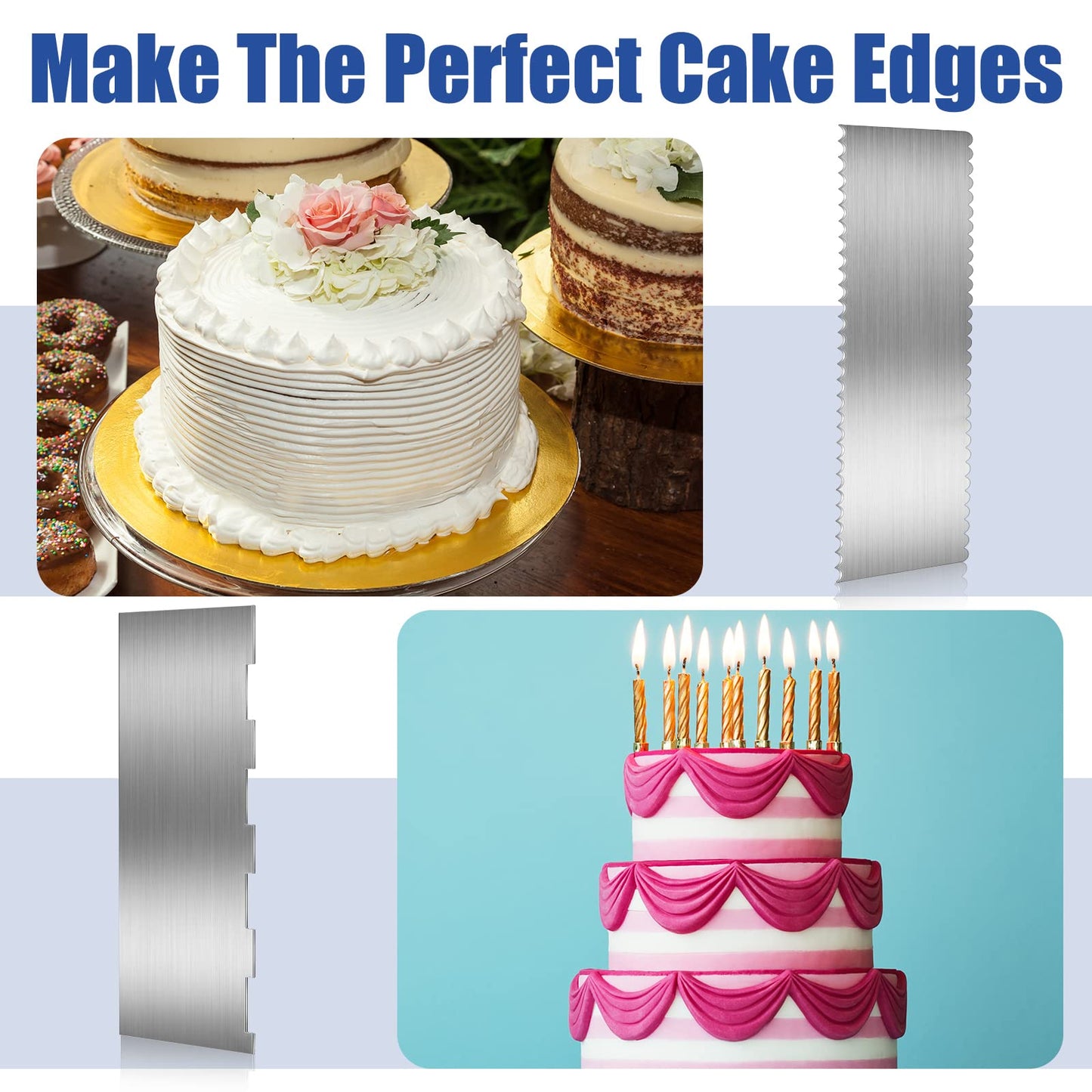4 Pieces Stainless Steel Cake Scraper 9 Inch Large Double Sided Patterned Edge Stripe Edge Smoother Scraper Cake Decorating Comb Pastry Cutter for Mousse Butter Cream Decoration(9 x 3.5 Inches)