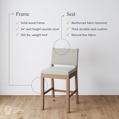 Nathan James Linus Modern Upholstered Counter Height Bar Stool with Back and Solid Rubberwood Legs in a Wire-Brushed Light Brown Finish, Natural Flax/Brown, Set of 4