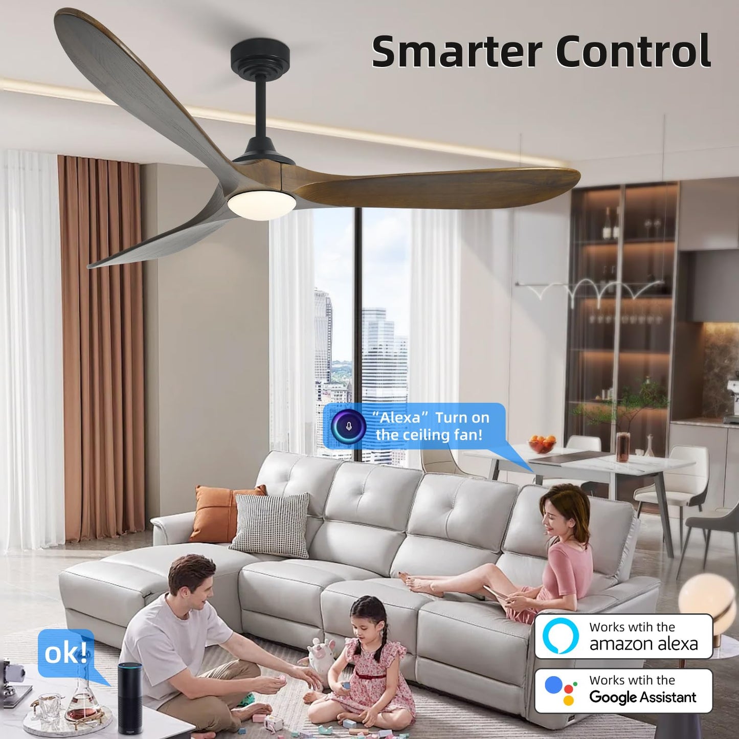 Homlit Ceiling Fan with Lights, 72'' Solid Wood Indoor/Outdoor Ceiling Fan with Quiet Reversible DC Motor, Control with WIFI Alexa App, 3CCT Dimmable, 6 Speeds Bronze Outdoor Fan for Patio Porch