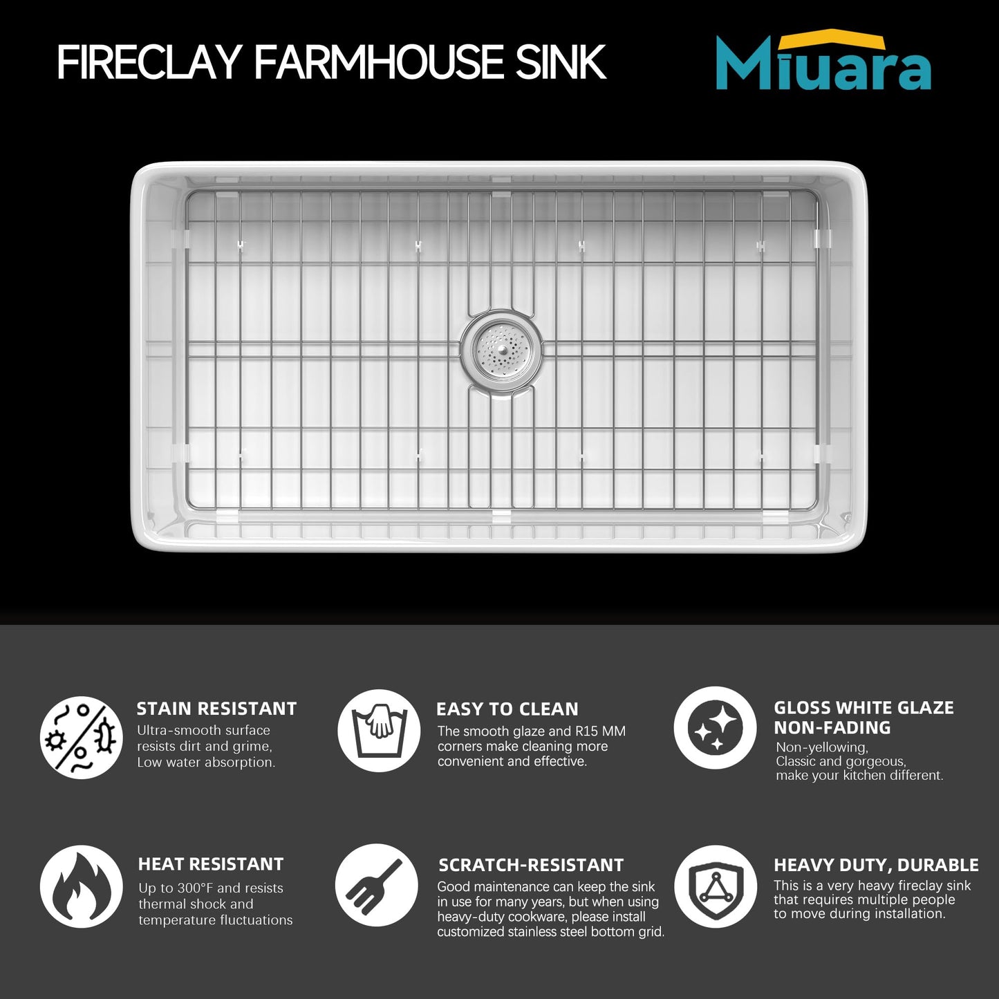 Miuara Farmhouse Sink 33 Inch - Apron Front Kitchen Sink Reversible 33"x18"x10", Undermount Installation, Farm House Style Single Bowl, Solid Fireclay, Glossy White, for Kitchen
