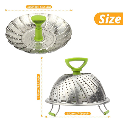 Sihuuu Folding Stainless Steel Steamer Basket (7-11 Inches) with Heat Resistant Handle - Ideal for Cooking Seafood, Vegetables, Fruits - Expandable and Easy to Clean - Dishwasher Safe