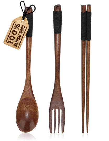 Wooden Utensils Set for Eating, 3 Piece Natural Nanmu Wood Spoon Fork and Chopsticks with Non Slip Cord Wrapped Handles, Reusable Travel Cutlery for Lunchbox, Camping, Office, Picnic Dining