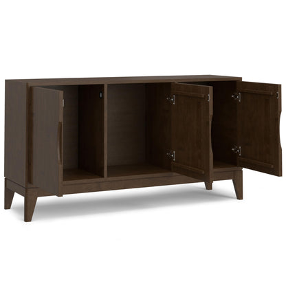 SIMPLIHOME Harper Buffet - 60 inch Wide Solid Wood 3-Door Sideboard Buffet in Walnut Brown, Mid-Century Modern Cabinet for Dining Room or Kitchen with Adjustable Shelves and Tapered Legs