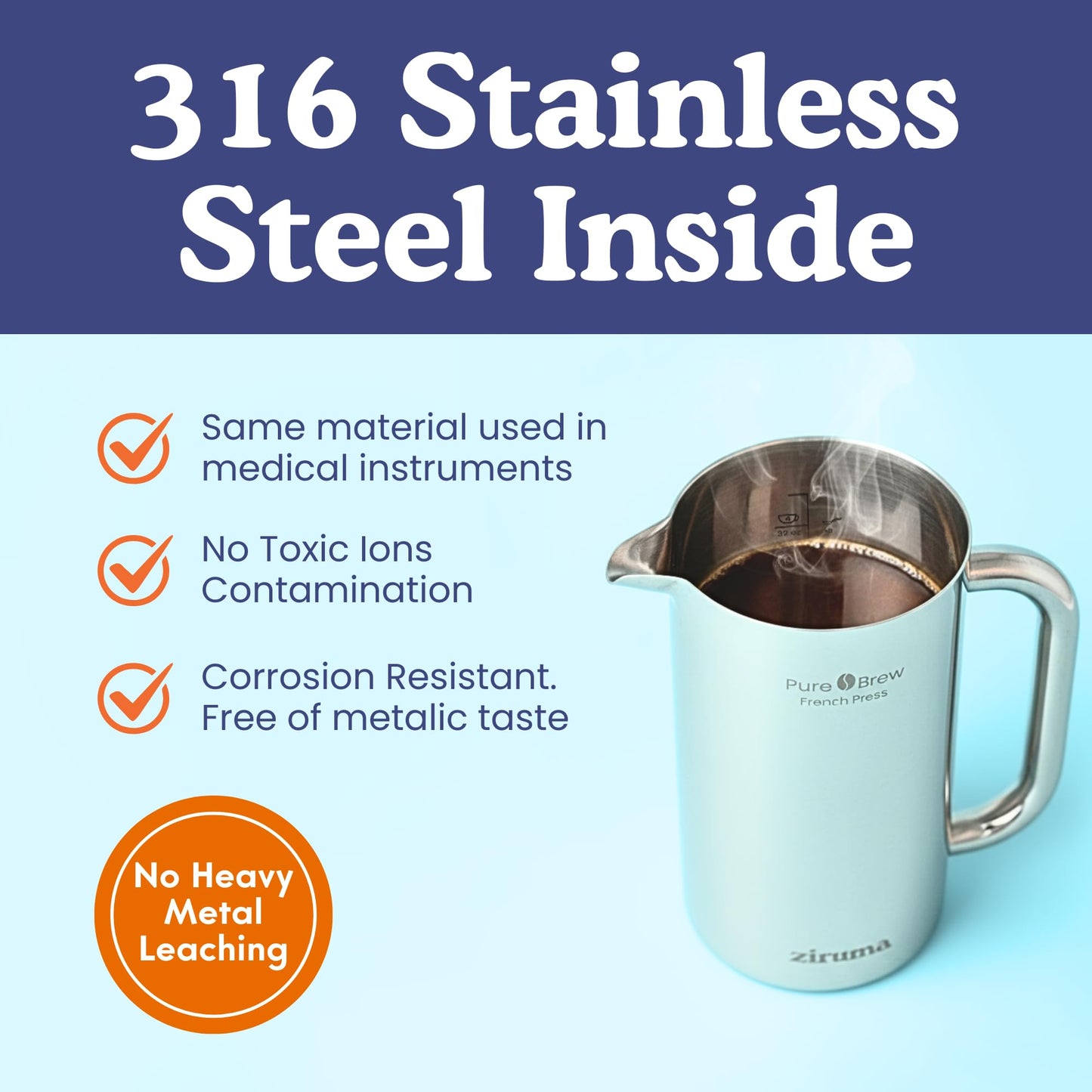 Ziruma Non-Toxic French Press, Surgical Stainless Steel Coffee Press, Plastic-Free, Heavy Metal-Free, No Endocrine Disruptors, 34 Oz, Double Wall, 4-Layer Filter, Portable Coffee Maker
