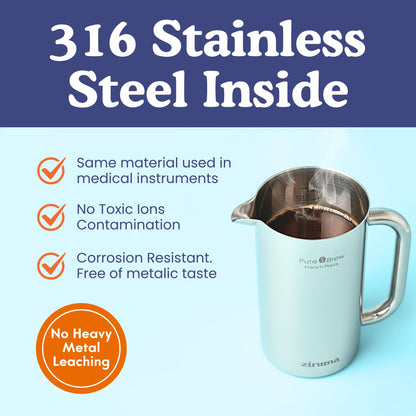 Ziruma Non-Toxic French Press, Surgical Stainless Steel Coffee Press, Plastic-Free, Heavy Metal-Free, No Endocrine Disruptors, 34 Oz, Double Wall, 4-Layer Filter, Portable Coffee Maker