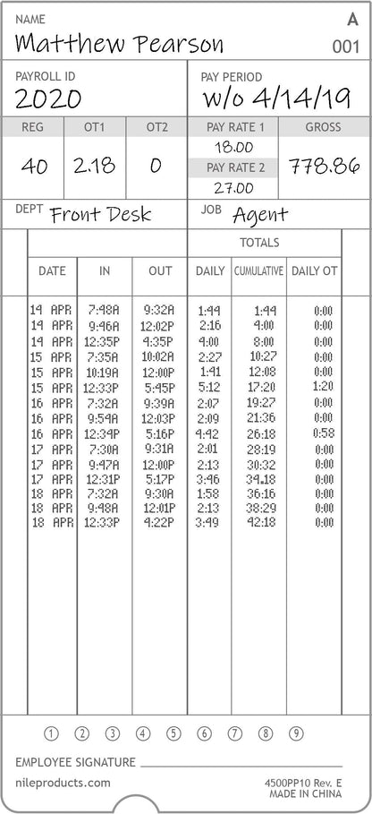 Nile Products - Authentic Time Cards for Nile Products 4500PP Compatible [ 4500PP10MB ] Electronic Calculating Time Clock, Double Sided Time Sheets (3.37 x 7.37 Inches) - 1000 Time Cards