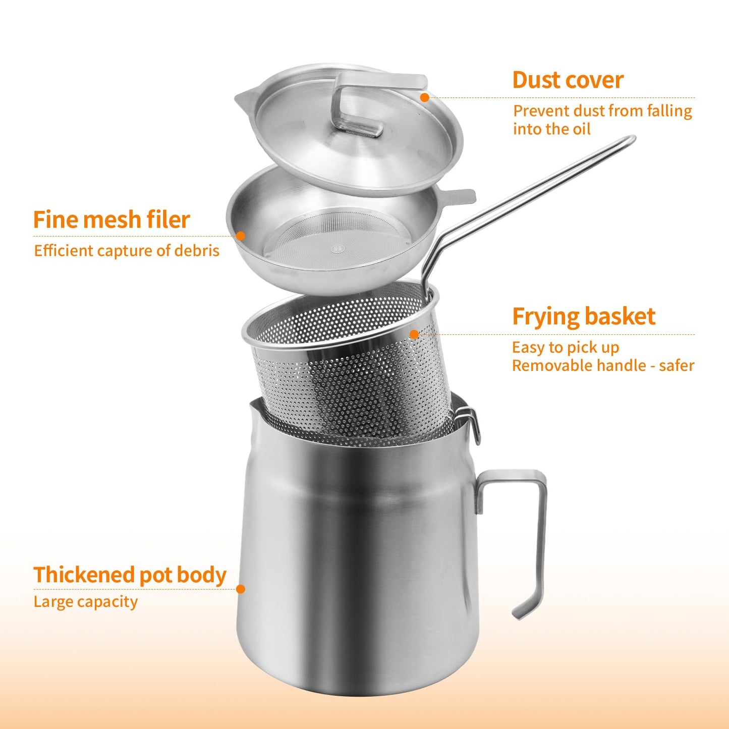 68oz Stainless Steel Oil Filter Pot with Deep Fryer Basket - Kitchen Large Capacity Versatile Oil Strainer Vessel and Bacon Grease Saver for Cooking Grease