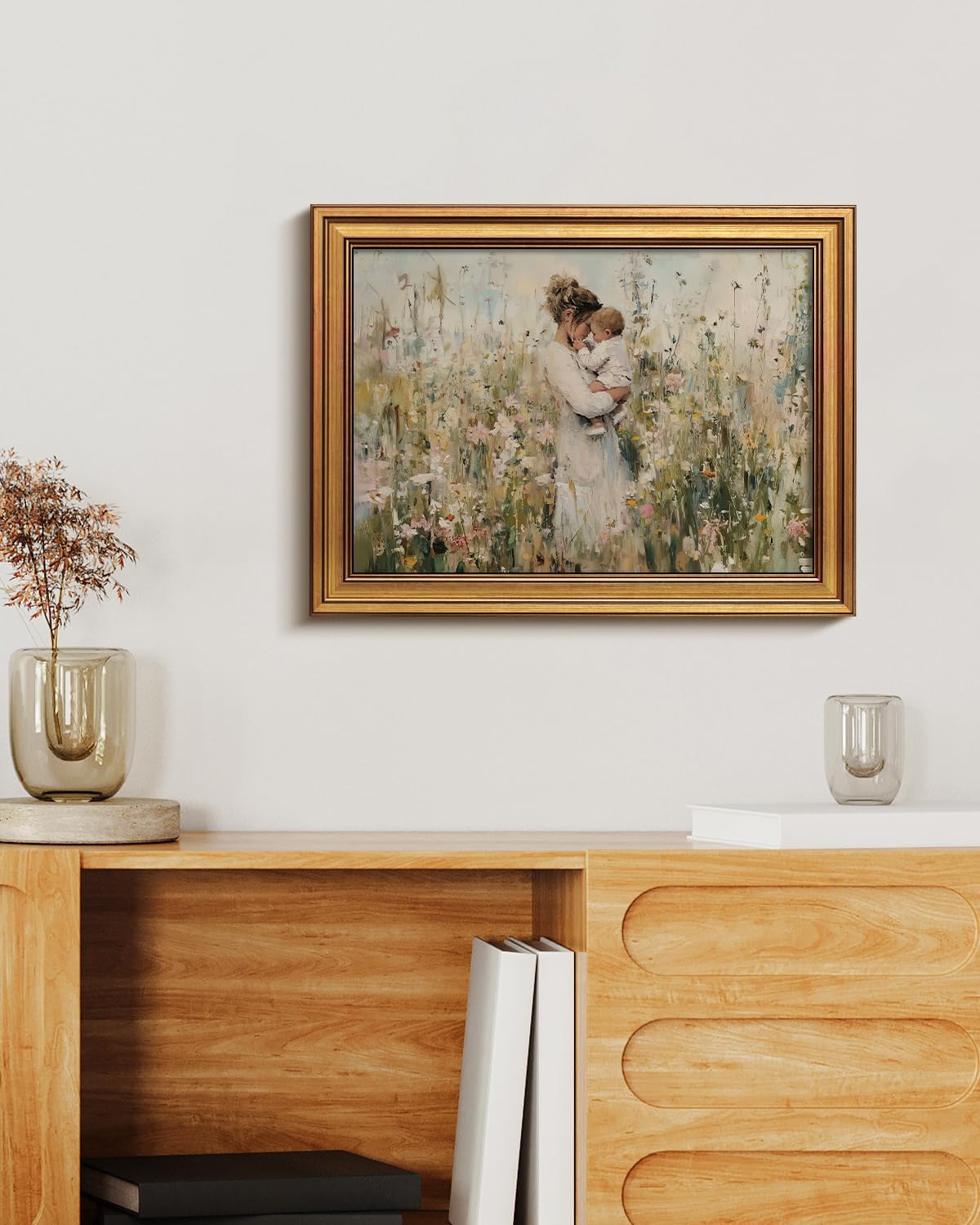 12x16 Vintage Gold Frame Mom Holding Baby Canvas Print Wall Art, Impressionist Framed Motherhood Oil Painting Artwork
