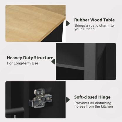 Ball & Cast Kitchen Island with Extendable Dining Table,Rubber Wood Veneer Kitchen Table with Internal Storage Rack,Power Outlet & USB Ports,Kitchen Cart On Wheels W/ 2 Drawers & 2 Cabinets,Black,47"