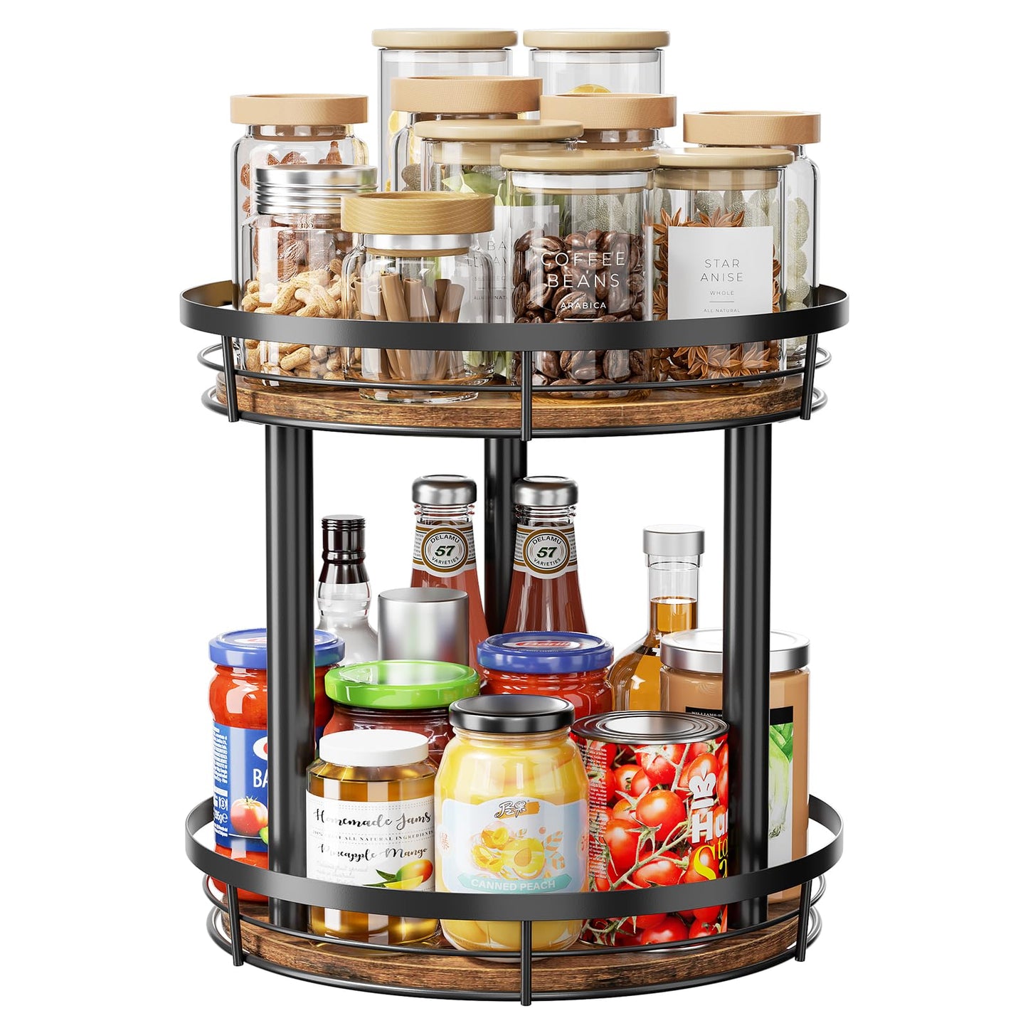 LAMU 10'' Wood Lazy Susan Spice Rack Organizer, 2 Tier Spice Organization for Cabinet, Countertop, Kitchen, Table Top, Pantry, Condiment and Seasoning Rack Organizer