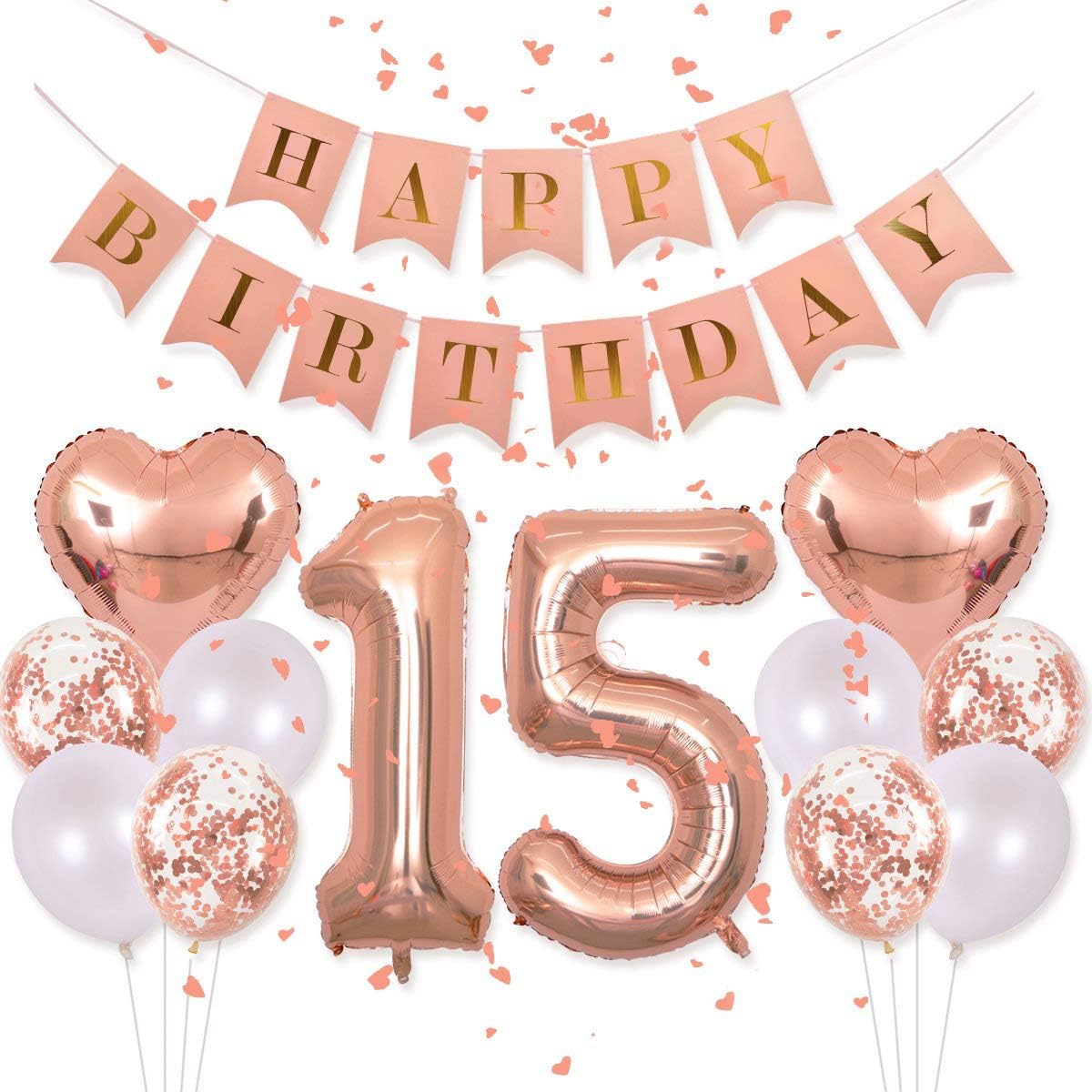 40 Inch 15 Balloons Number Birthday Decorations, 15th Birthday Supplies for Girls with Rose Gold Banner Confetti