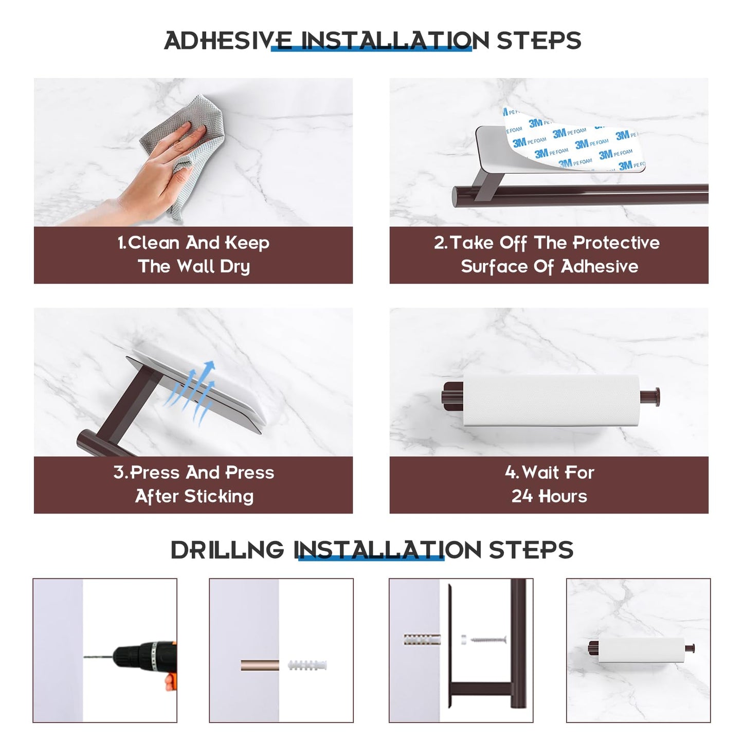 ASTOFLI Paper Towel Holder Under Cabinet No Drilling, Self Adhesive Paper Towel Holder Wall Mount for Kitchen Rack, Under Counter Napin Holder No Drill, RV, 304 Stainless Steel, Oil Rubbed Bronze