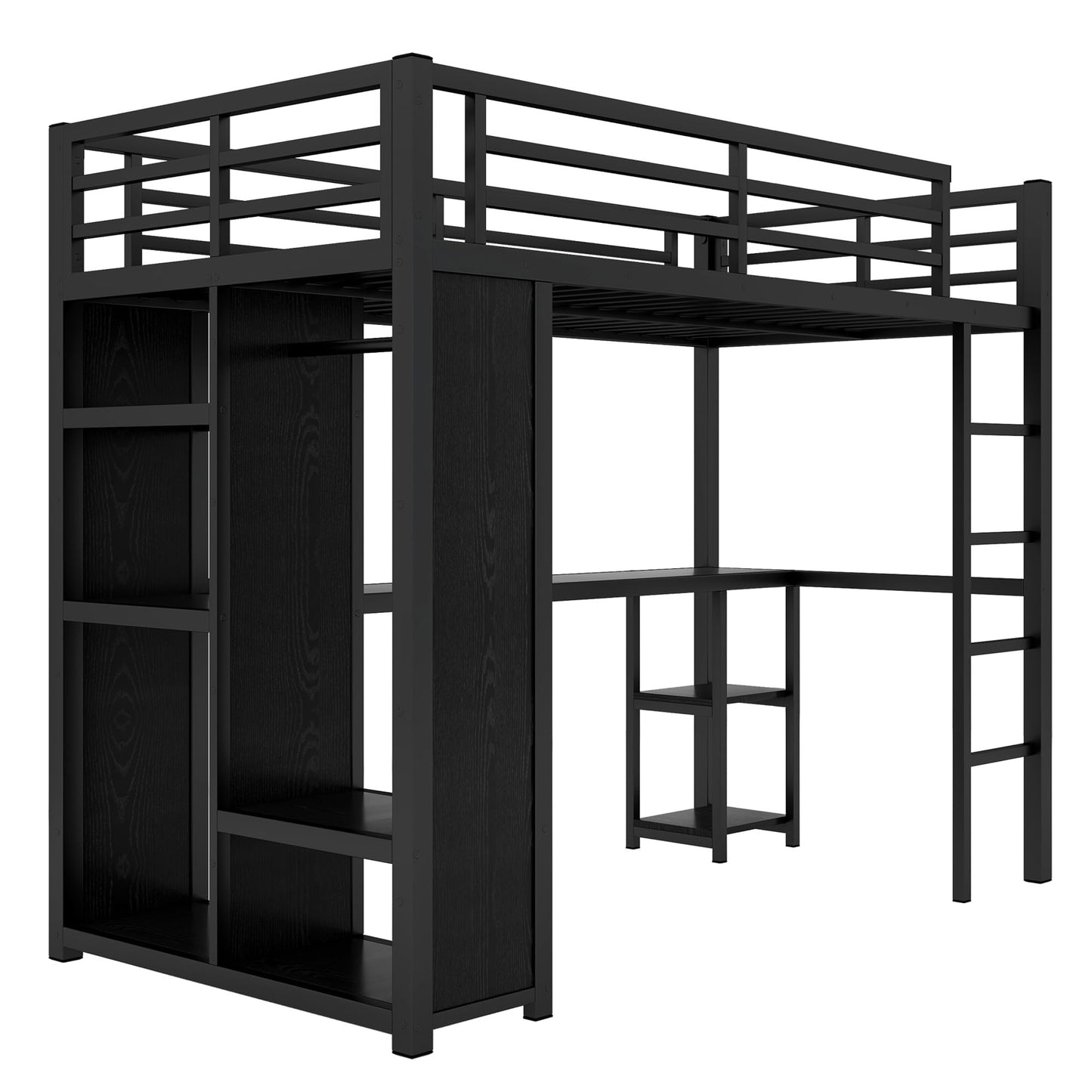 Bellemave Metal Twin XL Size Loft Bed with Desk and Wardrobe,Heavy Duty Loft Bed Frame with Storage Shelves for Kids,Teens,Adults, Space Saving,Black