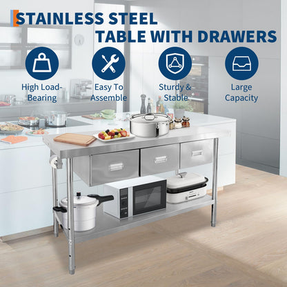 Stainless Steel Table with 3 Drawers, 60" X 24" NSF Prep Table with Adjustable Undershelf & Paper Towel Holder, Heavy-Duty Food Prep Worktable for Commercial Kitchen Restaurant Garage Warehouse
