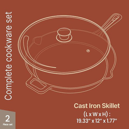 Bakken Pre-Seasoned Cast Iron Skillet - 12" Frying Pan with Glass Lid & Silicone Handle | Versatile Cookware for Even Heat Distribution