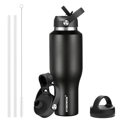 HYDROWION 40 oz Insulated Water Bottle with Straw fit in Car Cup Holder(Cold 48 hrs, Hot 24 hrs) Drinking Bottle with Straw Lid, Spout Lid and Flex Cap Leakproof Travel Thermo Mug，Black