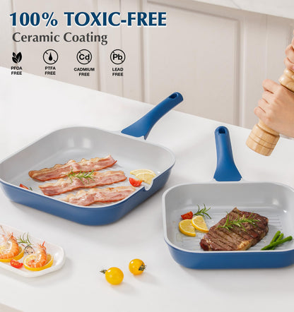 KOCH SYSTEME CS 11 Inch Nonstick Grill Pan for Stove Tops, Square Pan with Pour Spouts, Square Frying Pan for Indoor Cooking, Grill Skillet with Bakelite Handle, PTFE & PFOA Free, Blue