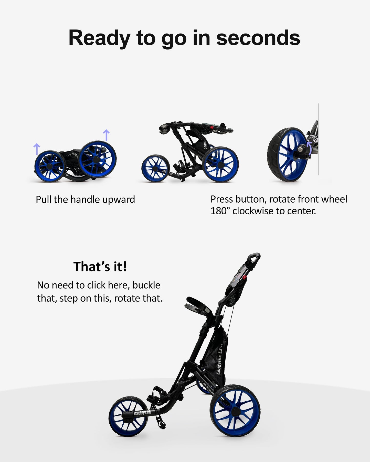 Caddytek CaddyLite EZ V8 Golf Push Cart - Lightweight 3 Wheel Foldable Cart with One-Click 2-Step Folding, EVA Wheels, Adjustable Handle, Cooler Basket, Umbrella & Drink Holder, Compact Golf Cart