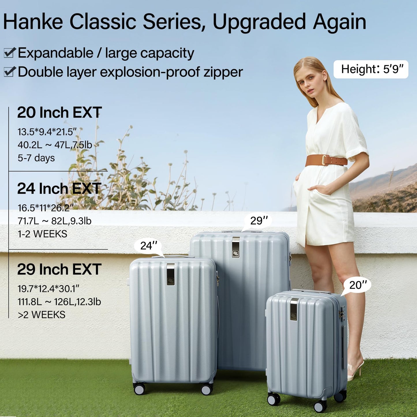 Hanke 29 Inch Expandable Checked Luggage Lightweight PC Hard Shell Luggage Suitcases with Wheels Travel Luggage Rolling Large Suitcase Travel Luggage Bag for Study Abroad.(Gray)