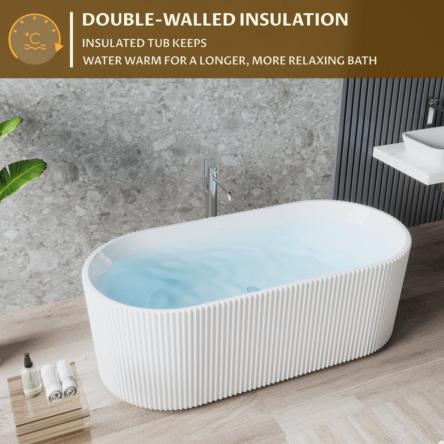 59" Acrylic Freestanding Soaking Bathtub with Striped Design, Bathroom Tub Includes Overflow Cover, Pop-Up Drain, Hidden Drainage System, Easy Installation, cUPC Certified, Glossy White Finish