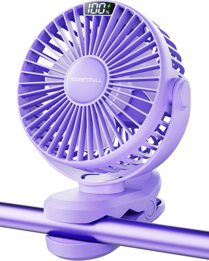 SWEETFULL Portable Clip on Fan, Battery Operated 4000mAh Rechargeable Fan with LED Display, 4 Speeds for Travel Camping