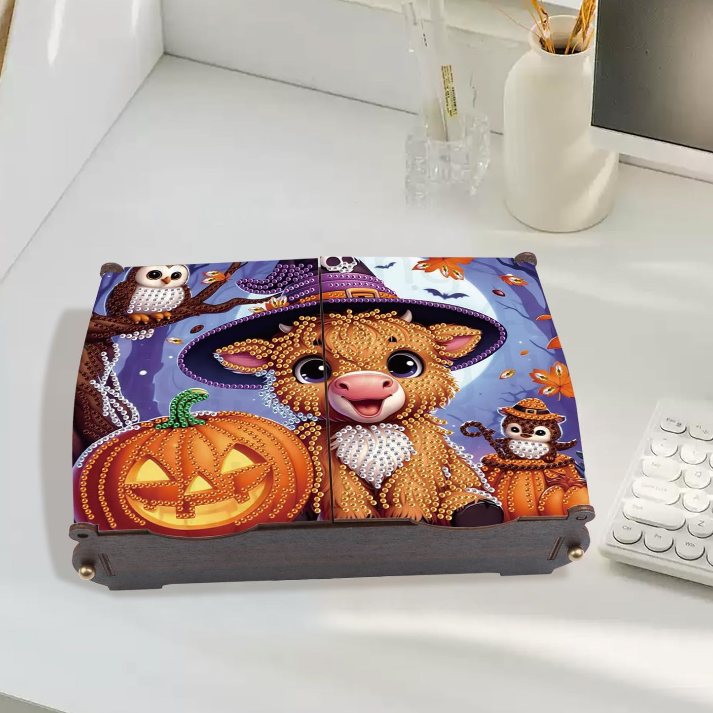 antor DIY Diamond Painting Wooden Storage Box, Halloween Cow and Pumpkin Special Shaped Rhinestone Art Flip Cover Organizer, Handmade Desktop Diamond Art Storage Box Decor