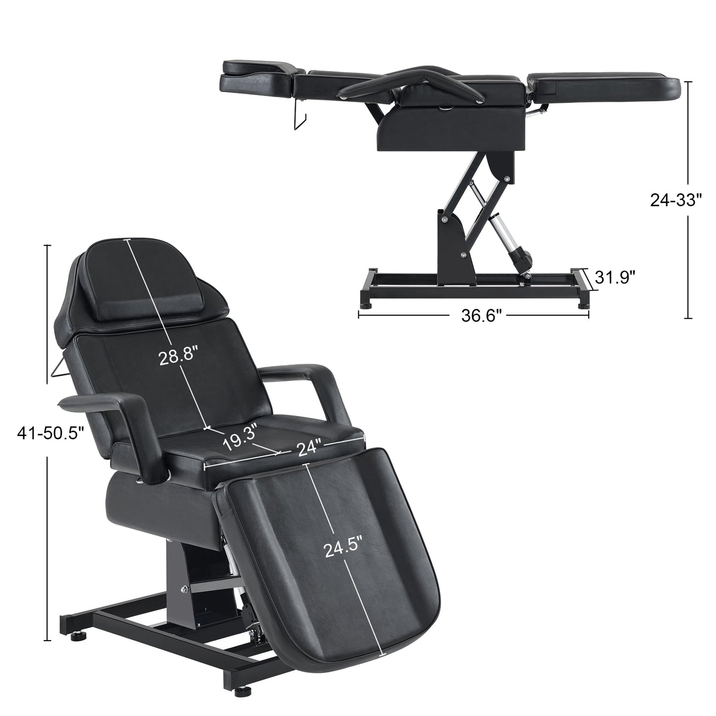BarberPub Fully Electric Facial Bed with 3 Motor for Esthetician, Electric Tattoo Chair for Client, Facial Bed for Esthetician, Electric Adjustment 2751 (Black, Height (Flat): 24"–33")