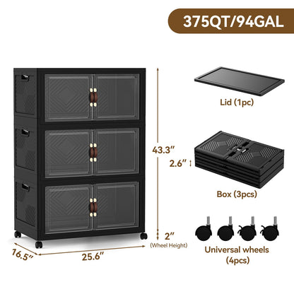 SAILUN 321QT/80Gal Stackable Storage Bins with a Lid, Collapsible Storage Bins With Doors, Folding Cabinet for Home Closet Organization,3 Pack-26 W x 16.5" D x 43.3" H Black