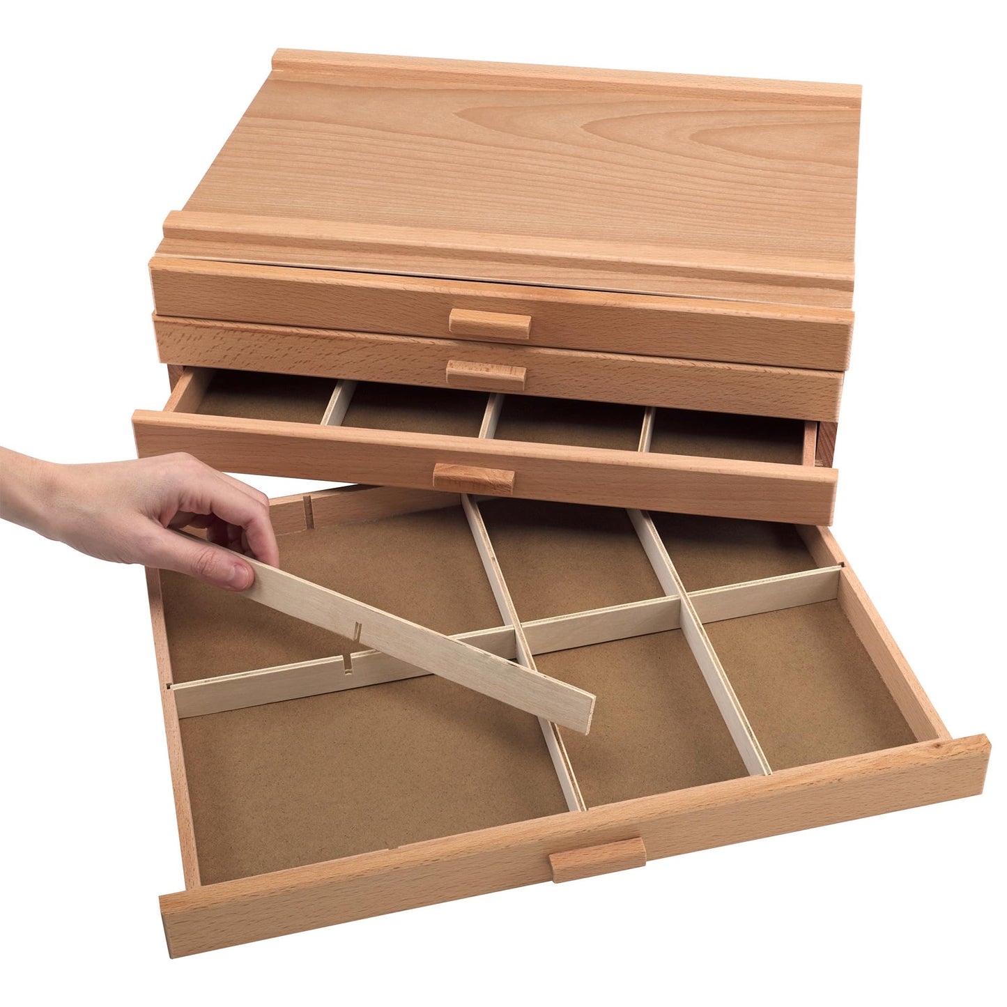 HG Art Concepts 4-Drawer Artist's Chest Craft Storage Box, Natural Birch Finish, Foam-Lined Drawers for Brushes, Removable Dividers, Sturdy Wood Construction, Stackable Solution