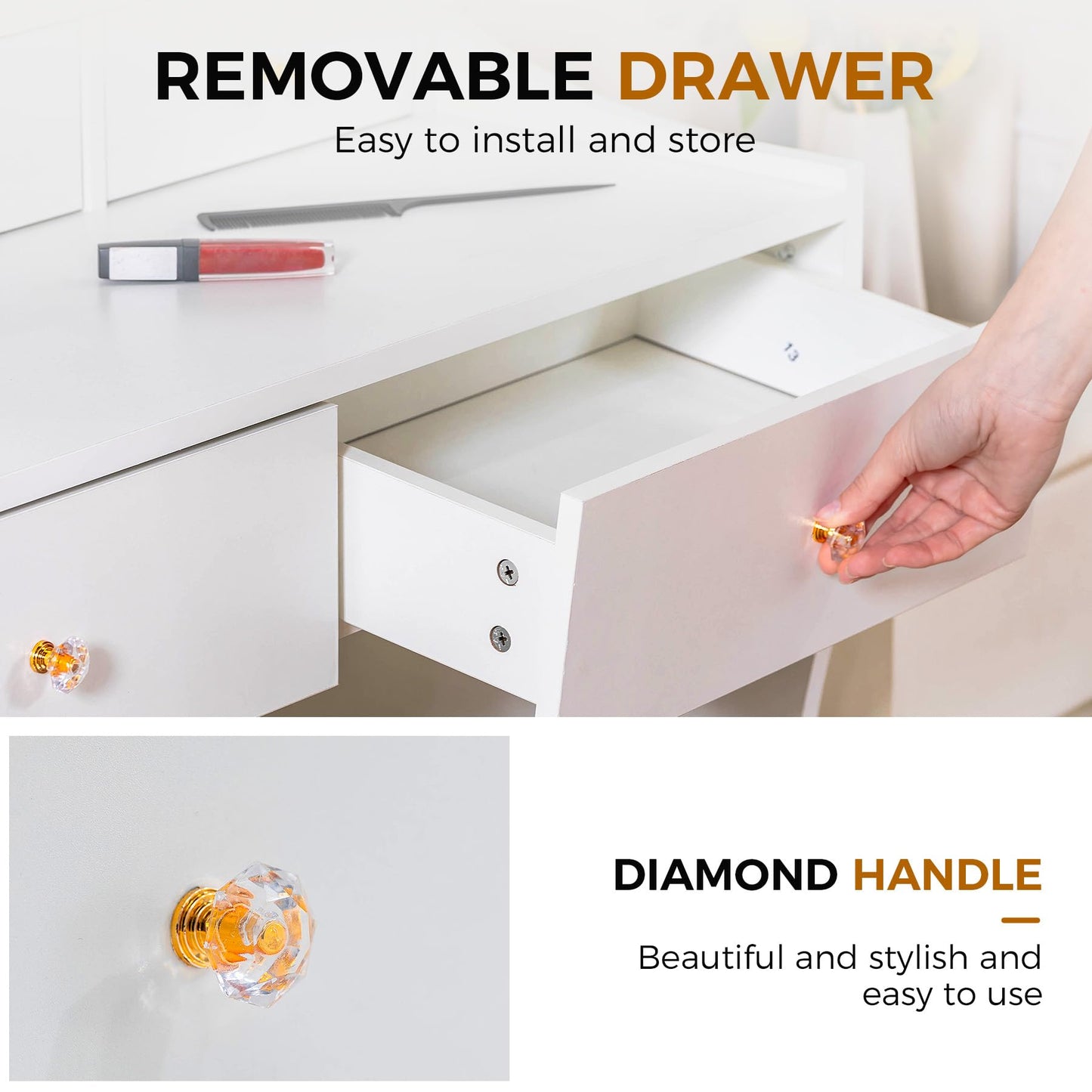 COMHOMA Makeup Vanity Desk with Mirror and Lights, Vanity Table and Chair Set with 5 Drawers and Charging Station, Bedroom Dresser LED Mirror Stepless Dimmable & 3 Color Modes Adjustable, White