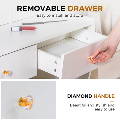 COMHOMA Makeup Vanity Desk with Mirror and Lights, Vanity Table and Chair Set with 5 Drawers and Charging Station, Bedroom Dresser LED Mirror Stepless Dimmable & 3 Color Modes Adjustable, White