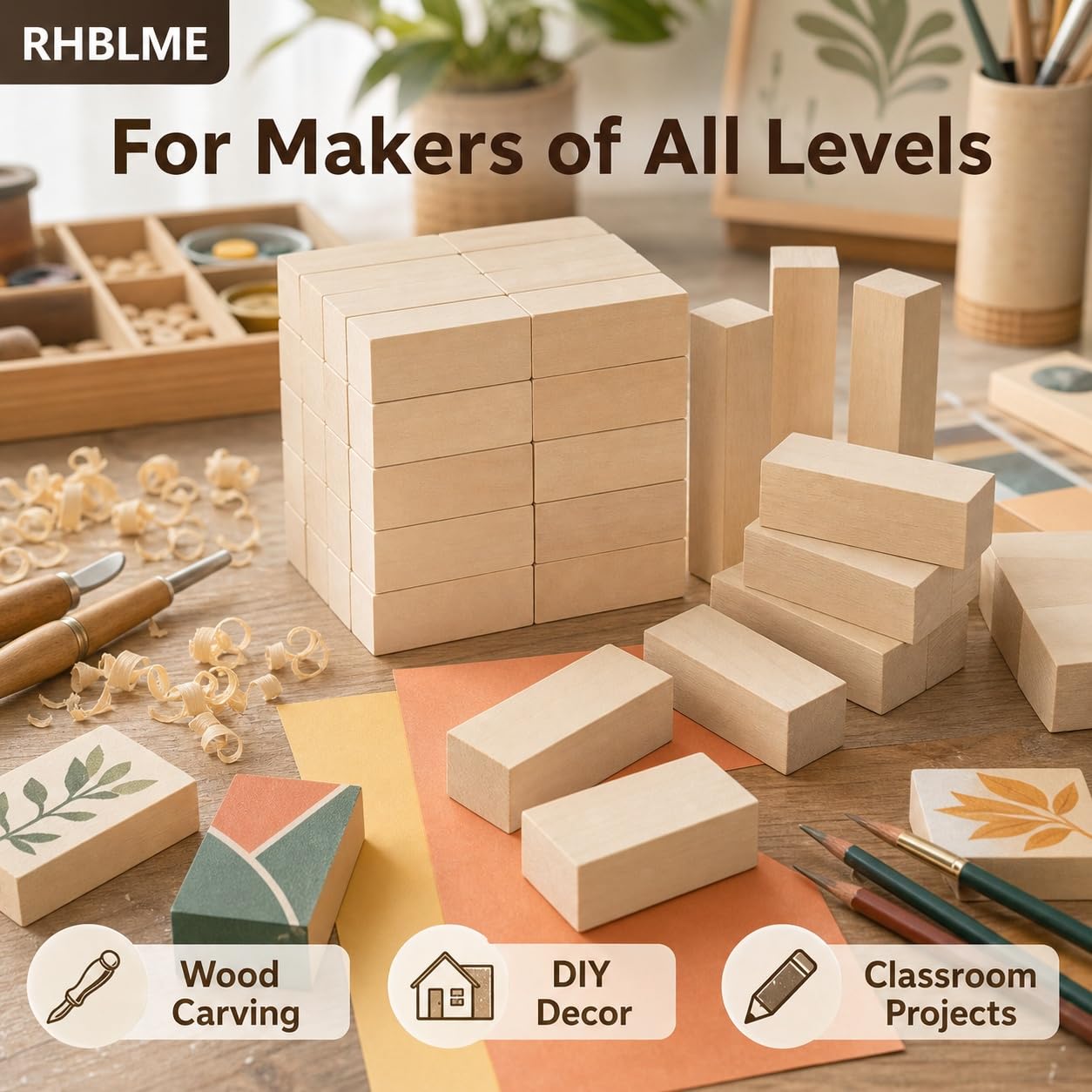 RHBLME 40 PCS Basswood Carving Blocks, 4" x 1" x 1" Unfinished Wood Blocks for Carving, Wooden Cubes Soft Solid Wooden Basswood for Wood Carving Beginners or Expert Carvers and Whittling