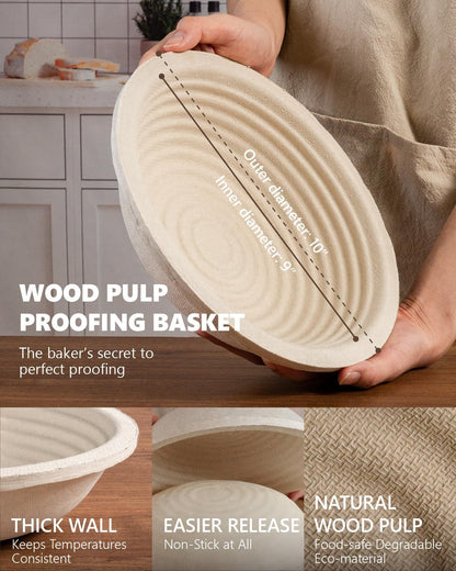 Wood Pulp Banneton Bread Proofing Baskets - Set of 2, 9-Inch Round Sourdough Baskets with Liner