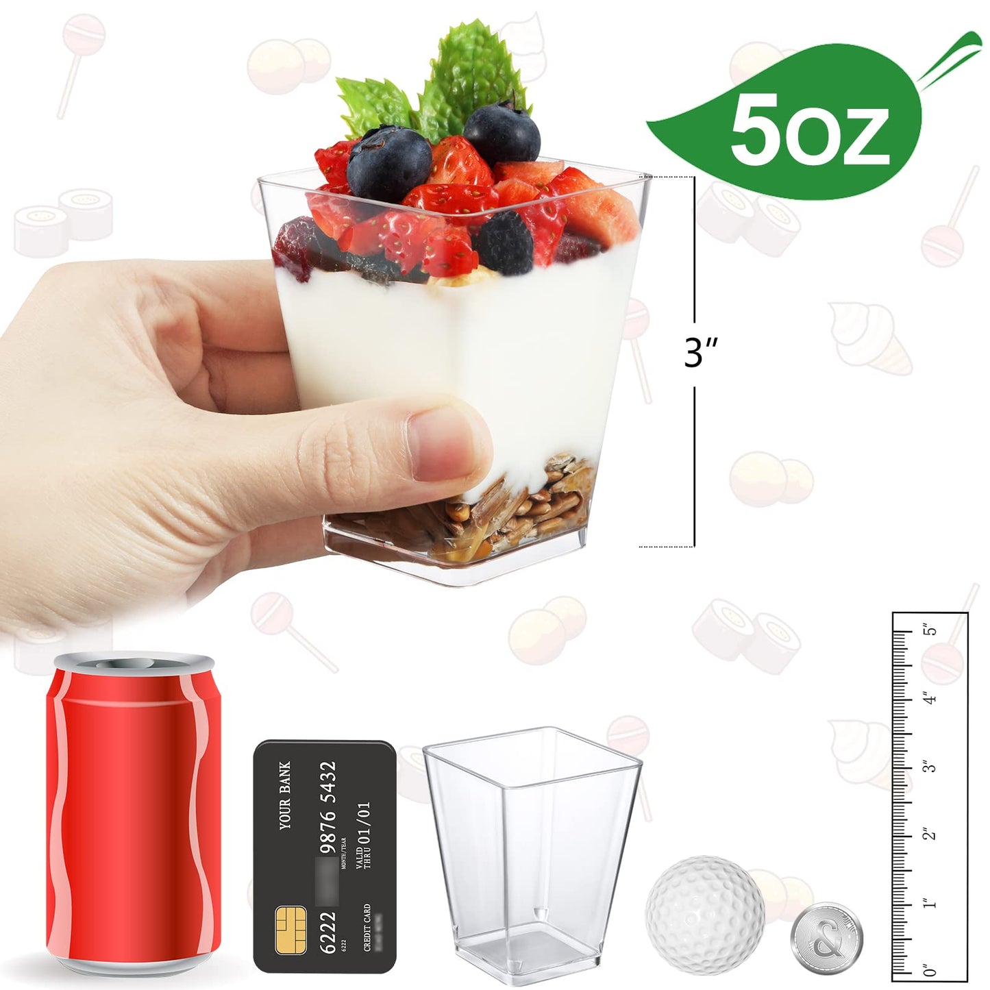 Eupako 160 Pack 5 OZ Plastic Mini Dessert Cups - Clear Small Parfait Cups, Square Appetizer Cups for Fruit, Pudding, Mousse, Ice Cream, Party, Wedding, Valentine's Day