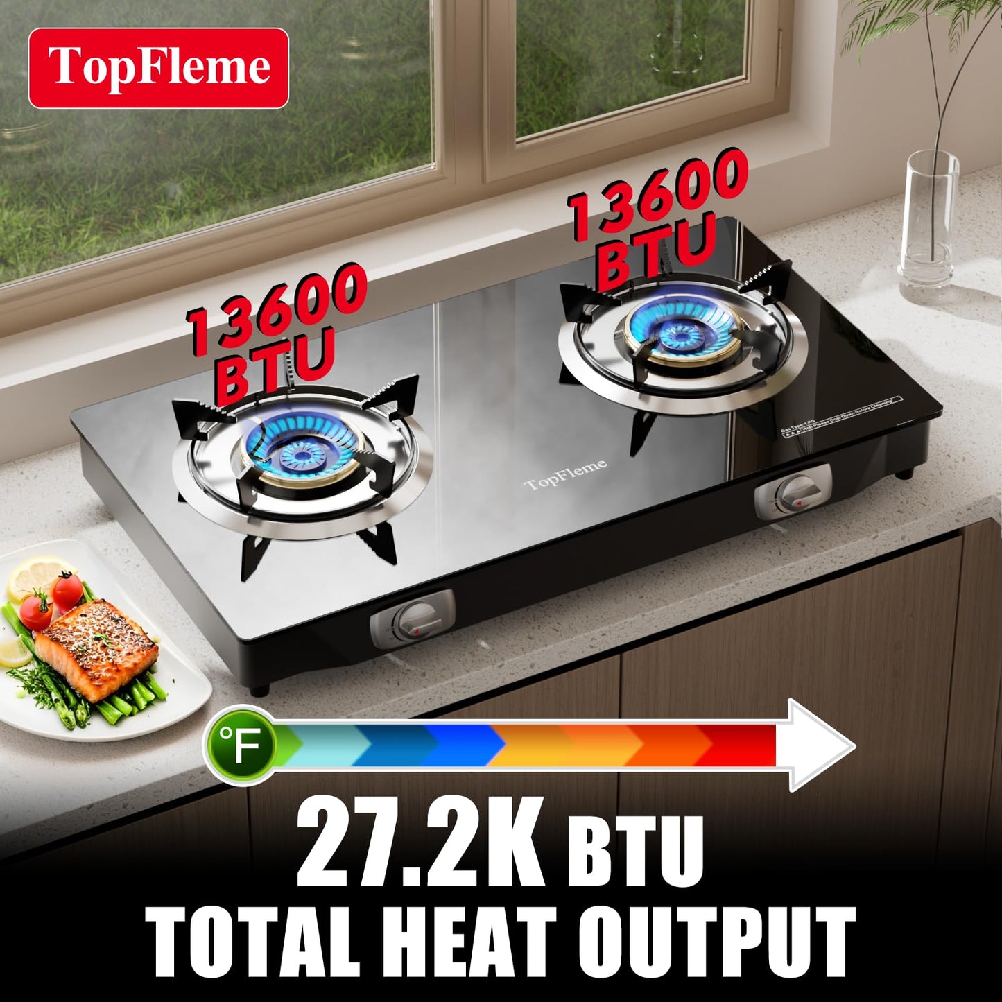 TopFleme 2 Burner Propane Stove 27,200 BTU High-Efficiency Tempered Glass Auto-Ignition Gas Burner Stove Top with CSA Hose for Outdoor RV Camping Emergency Cooking