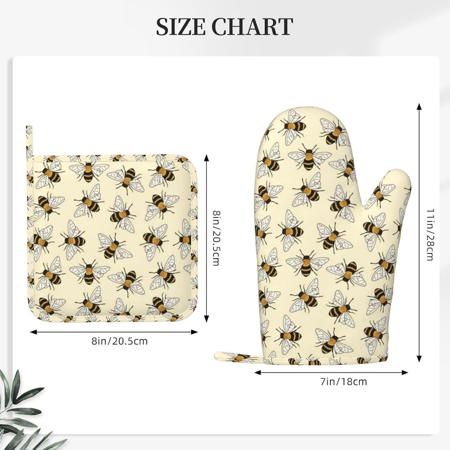 Happy Busy Bees Kitchen Mitts and Pot Holders Set, 4Pcs Silicone Bees Oven Gloves, Heat Resistant Potholders for Baking
