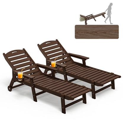 Plawdlik Oversized Patio Chaise Lounge Set of 2, 5 Positions Adjustable HDPE Outdoor Lounge Chair with Rolling Wheels & Cup Holder,All-Weather for Poolside, Beach, Garden - Coffee