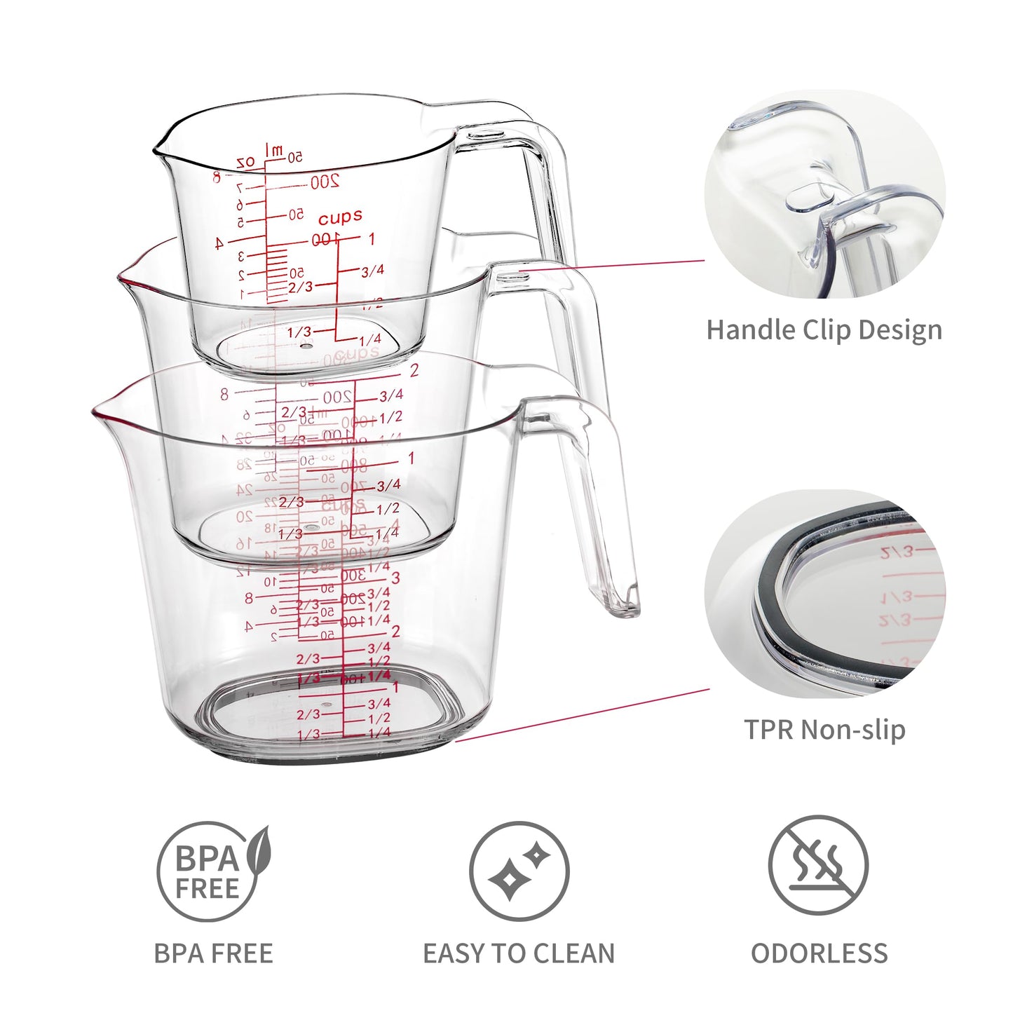 3-Piece Nesting Liquid Measuring Cups Set, Clear Plastic Measuring Jugs with Spout and Multiple Measurement Scales, 1 Cup, 2 Cup, 4 Cup for Baking and Cooking