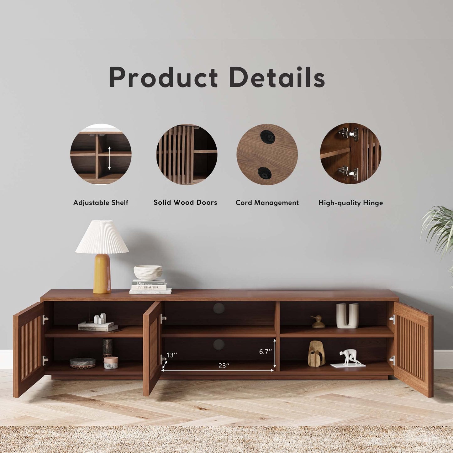 POVISON Full Assembled Mid Century Modern TV Stand, Wood Slatted Media Console for 65 inch TV, Entertainment Center with Storage for Living Room, Low Cabinet with Removable Shelves