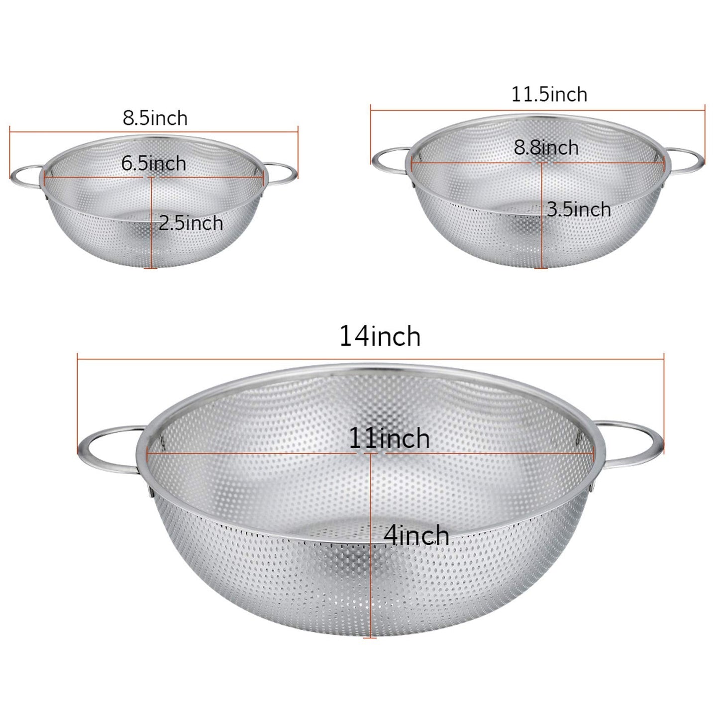 P&P CHEF Colander Set of 3, Stainless Steel Micro-Perforated Colanders Strainers for Draining Rinsing Washing, Ideal for Pasta Vegetables Fruits, Heavy Duty & Dishwasher Safe - 1/3/5 Quart