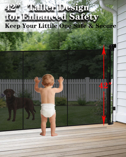 160" Extra Wide Retractable Baby Gates, 42" Extra Tall Retractable Dog Gate Pet Gate with Support Rods, Long Mesh Screen Child Safety Gate for Garage Doorways Hallways Deck Porch, Outdoor Indoor Use