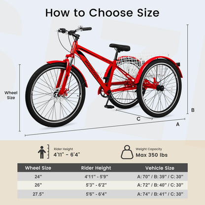 EOYOBIKE 7-Speed Adult Mountain Tricycle, 24/26/27.5 Inch 3-Wheel Bike for Seniors, Men's and Women's Trike with Large Rear Basket for Exercise & Shopping